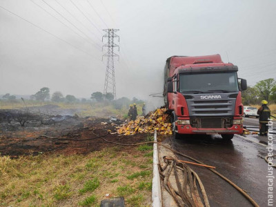 Sistema de freio falha e caminhão pega fogo na BR-262, saída para Três Lagoas