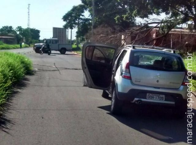 Poste cai em cima de carro com duas mulheres após caminhão arrancar os fios