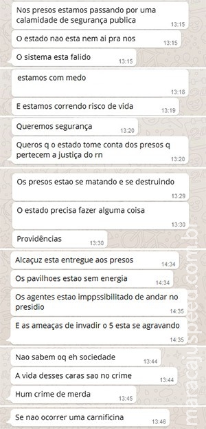 Pelo WhatsApp, presos dizem temer massacre e pedem segurança