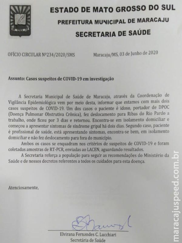 Nota Oficial: Maracaju registra dois novos Casos Suspeitos de COVID-19 