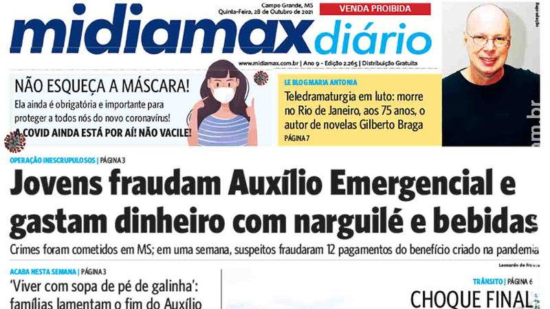 Confira a capa do Midiamax Diário desta quinta-feira, 28 de outubro de 2021