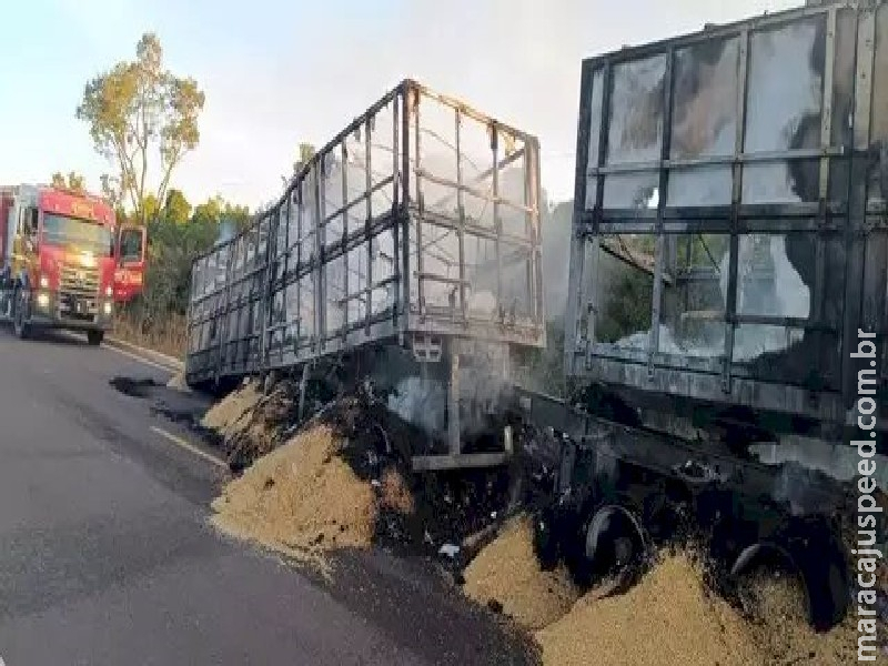 Roda de carreta pega fogo na rodovia MS-338 e carga de milho é consumida pelas chamas