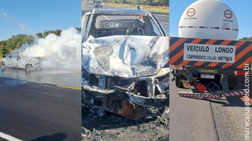 Picape bate na traseira de carreta e pega fogo na BR-262 em Nova Andradina 