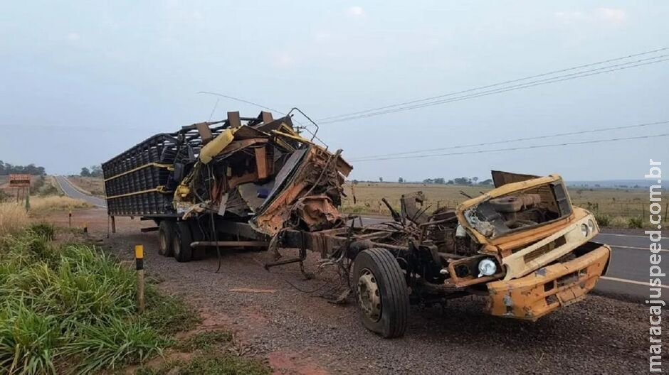 Motorista fica ferido e caminhão destruído após acidente com carreta na MS-338, em Bataguassu